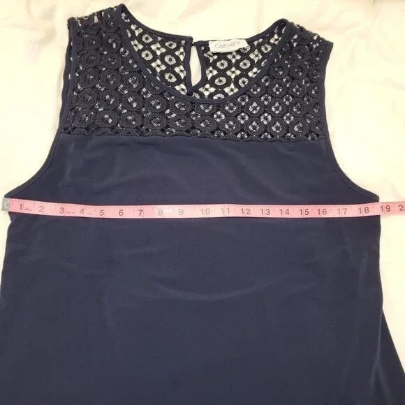 Carmen Marc Valvo Navy Blue Crochet Lace Yoke Keyhole Back Tunic Tank Blouse M - Picture 6 of 8